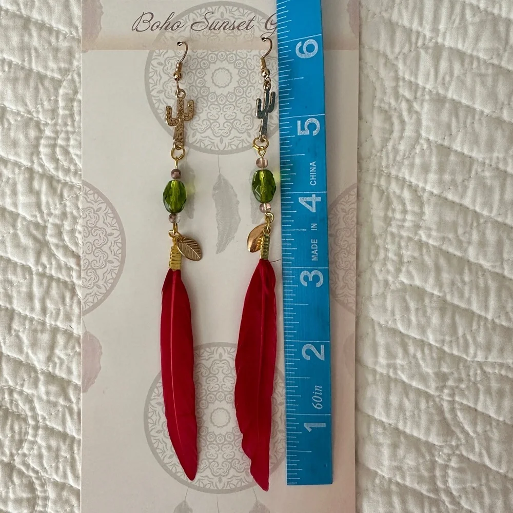 Cactus Southwest Handmade Boho Feather Earrings